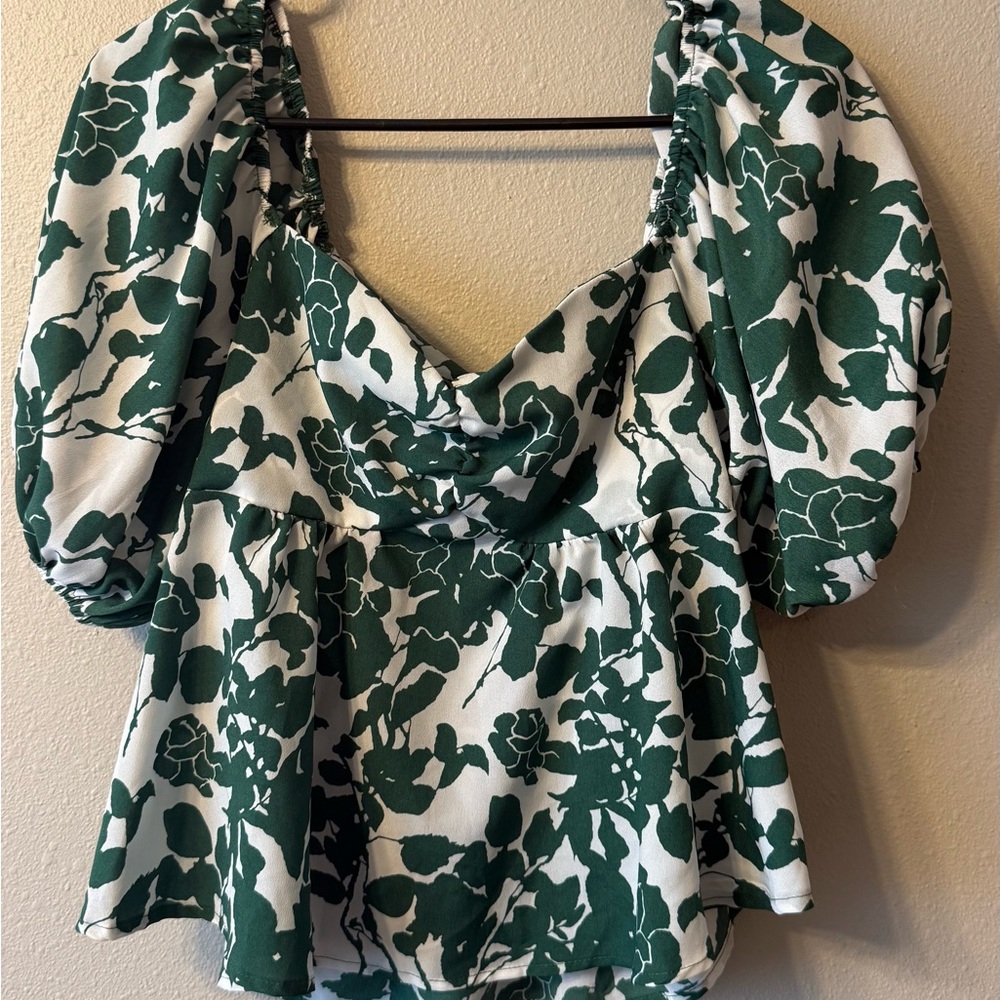 SHEIN Green and White Floral Blouse